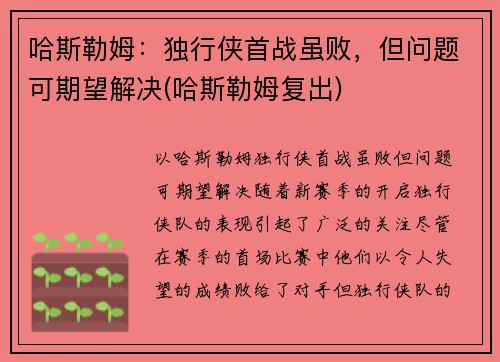 哈斯勒姆：独行侠首战虽败，但问题可期望解决(哈斯勒姆复出)